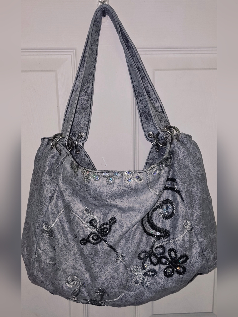 Gray, Black & White Acid Wash Style   Sequin-Embroidered Shoulder Bag